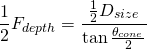 \[ \frac{1}{2}F_{depth} = \frac{\frac{1}{2}D_{size}}{\tan \frac{\theta_{cone}}{2}} \]